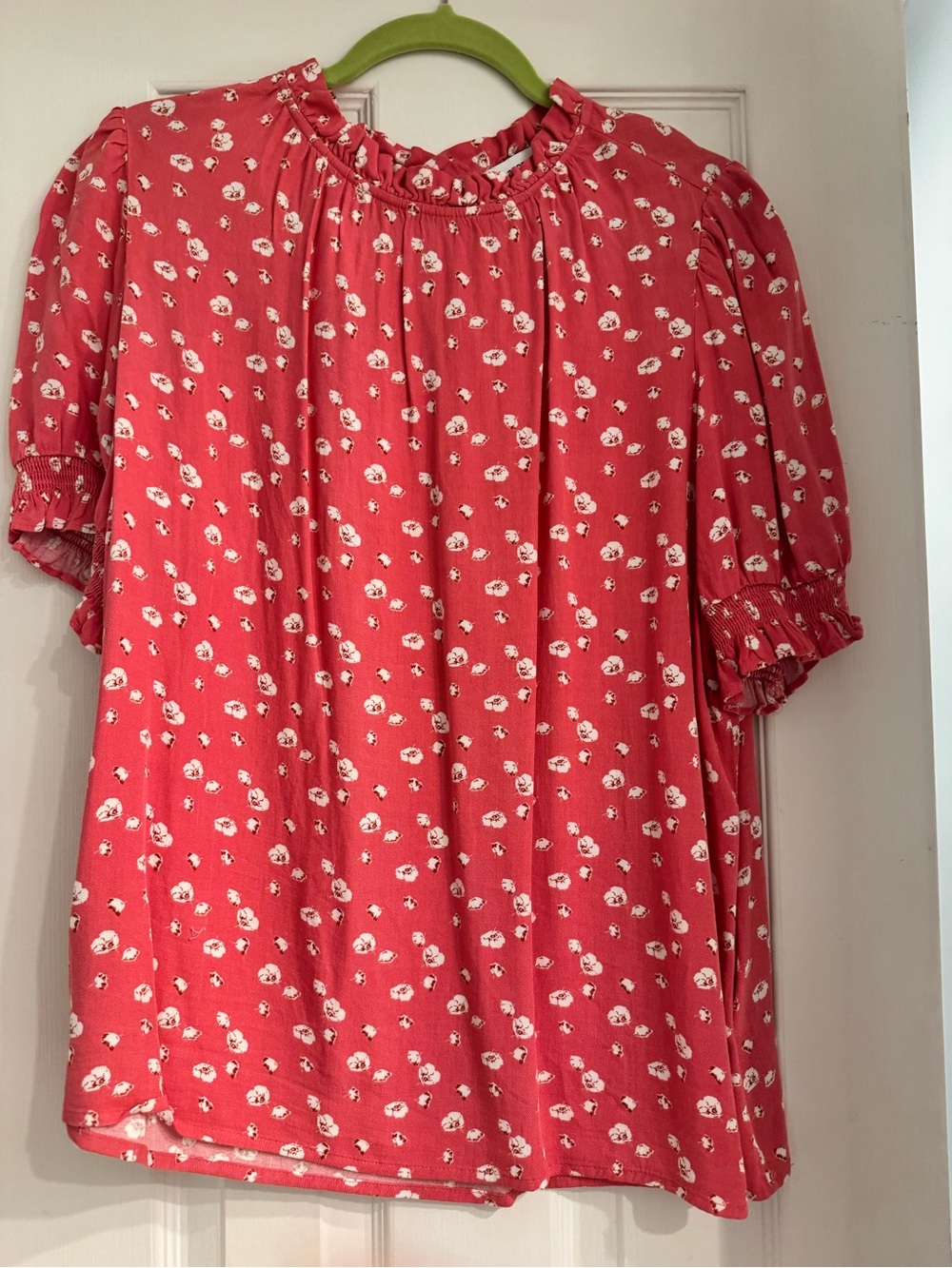 Amazon Essentials Coral Red Floral Ruffled Neck Short Sleeve Blouse